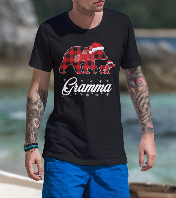 Gramma Bear Red Plaid Buffalo Check Santa Hat Snowflakes T-Shirt