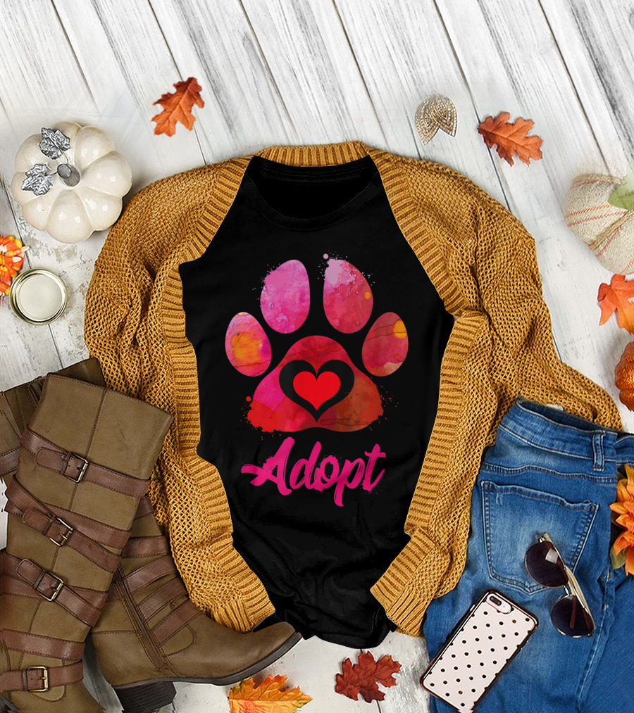 Adopt Love Heart Paw Print Watercolor Rescue Animal Lover T-Shirt