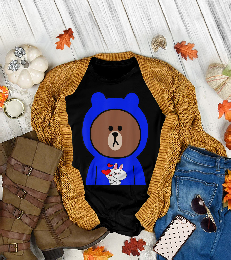 Brown Bear in Blue Hoodie with Cony Bunny Love Hearts T-Shirt