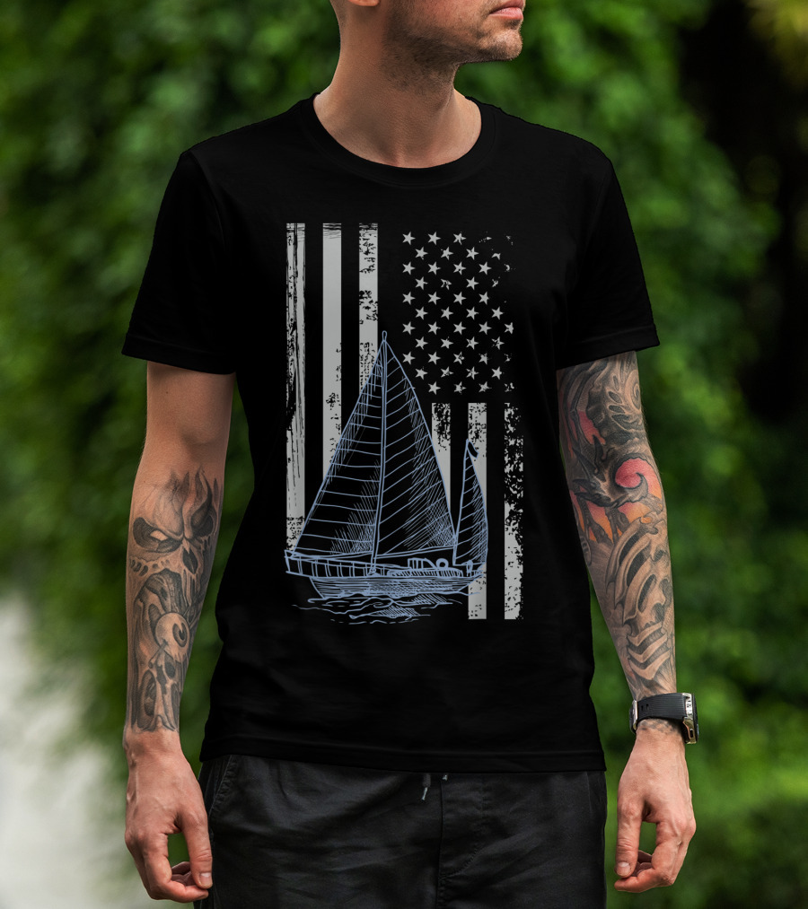 Fun Vintage Sailboat With American Flag Elements T-Shirt