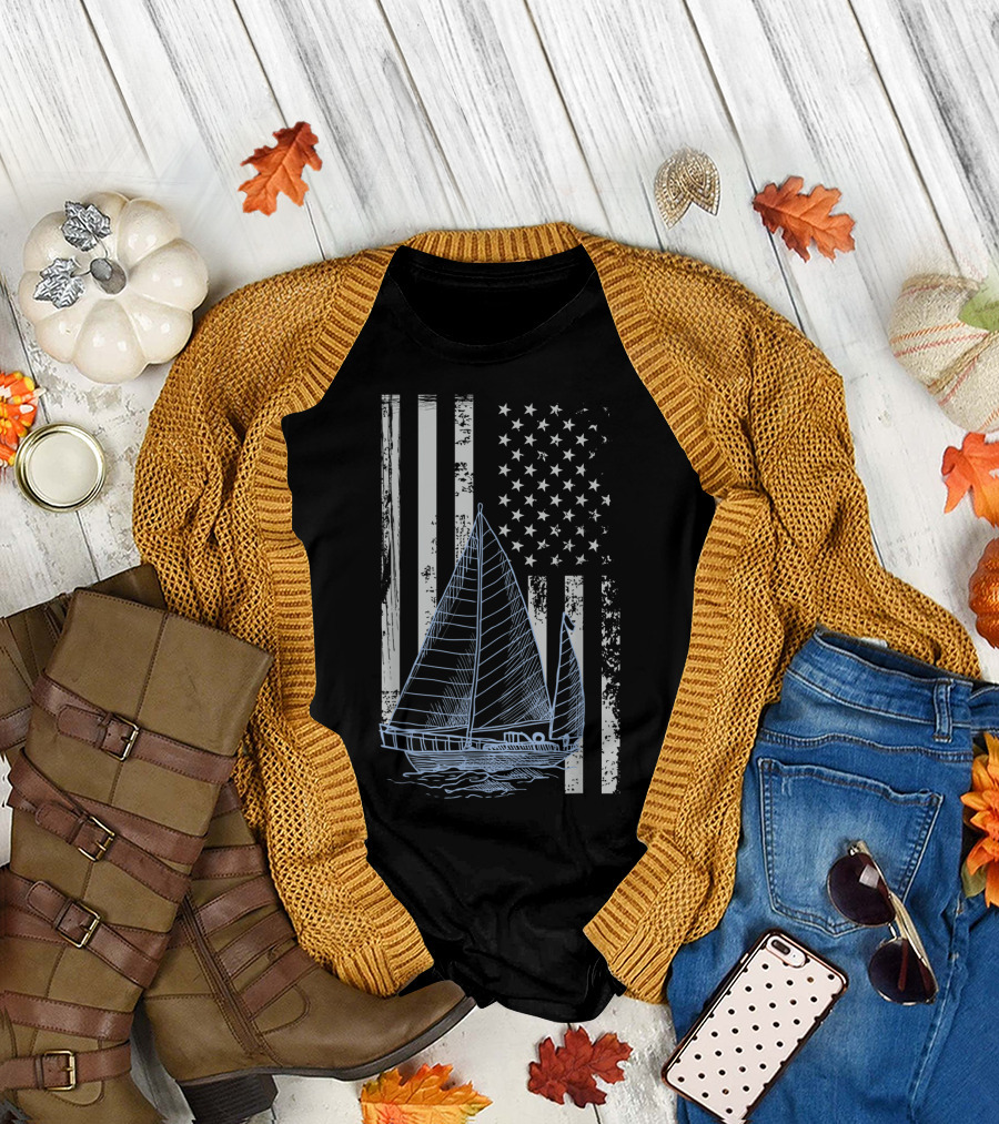 Fun Vintage Sailboat With American Flag Elements T-Shirt