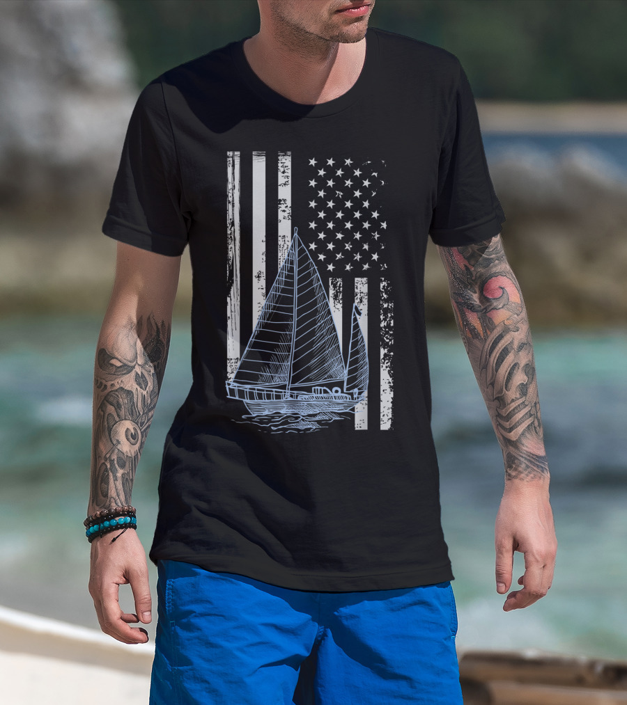 Fun Vintage Sailboat With American Flag Elements T-Shirt
