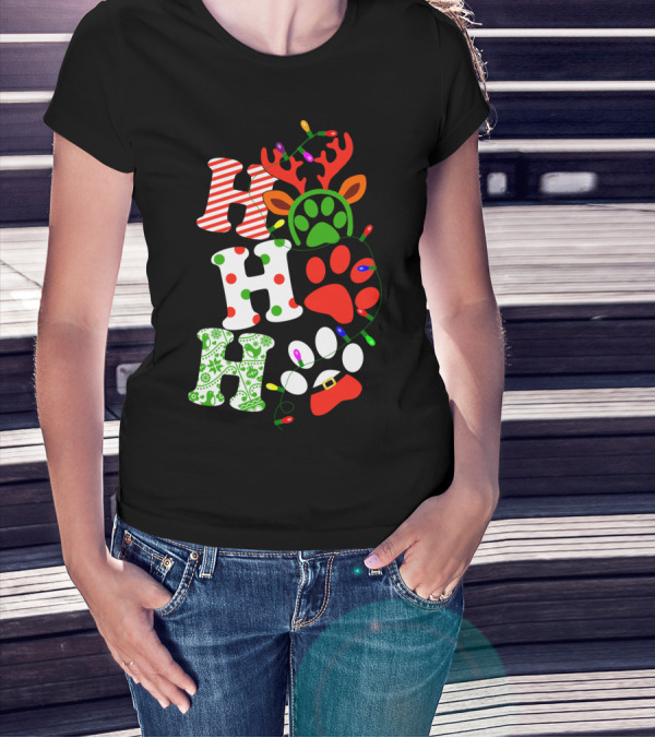 Ho Ho Ho Christmas Dog Paw Santa Lights Reindeer Antlers T-Shirt