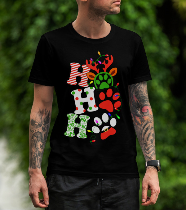 Ho Ho Ho Christmas Dog Paw Santa Lights Reindeer Antlers T-Shirt