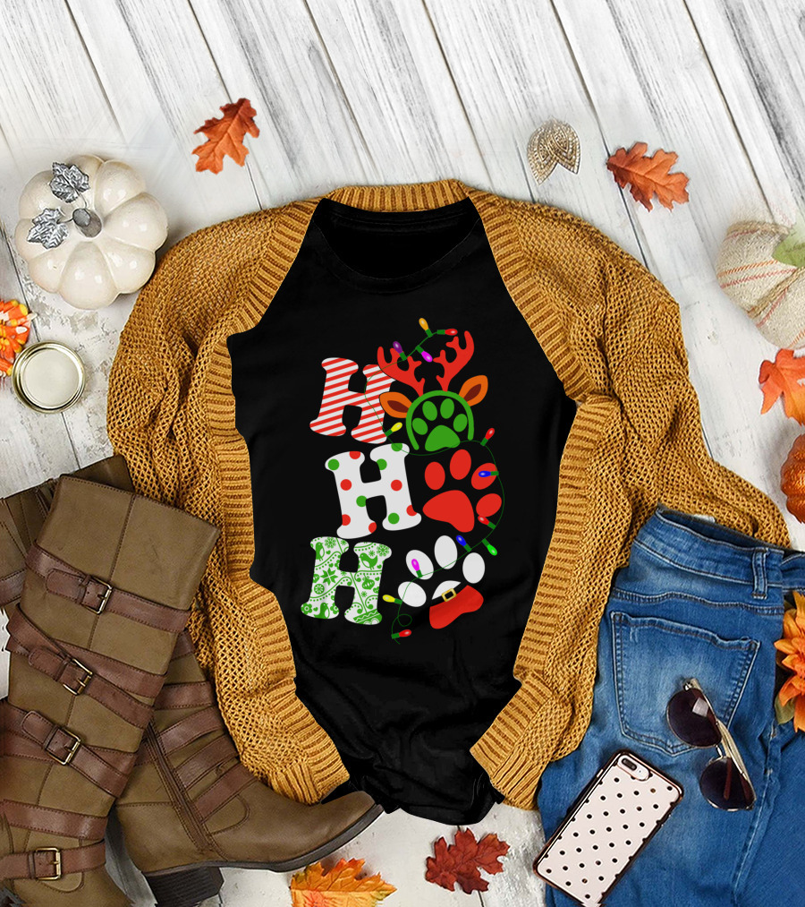 Ho Ho Ho Christmas Dog Paw Santa Lights Reindeer Antlers T-Shirt