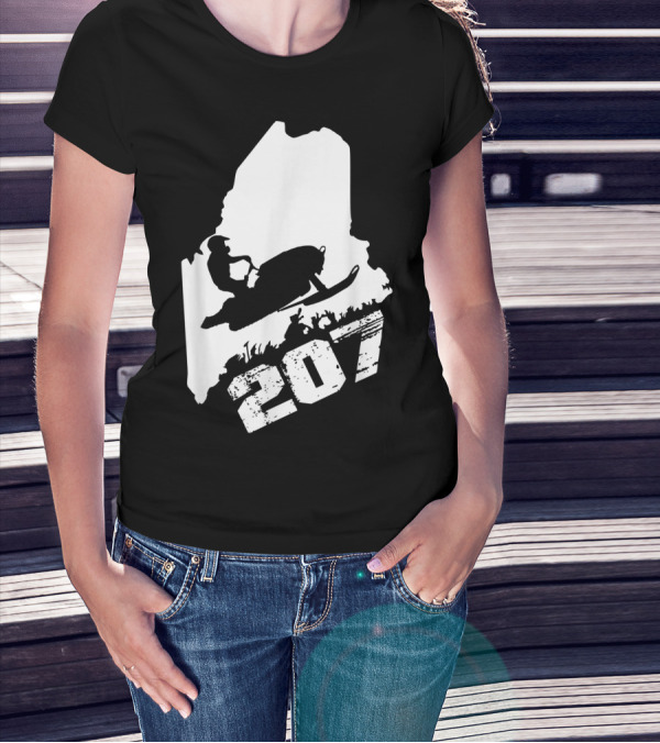 Maine 207 Snowmobile Silhouette In State Outline T-Shirt