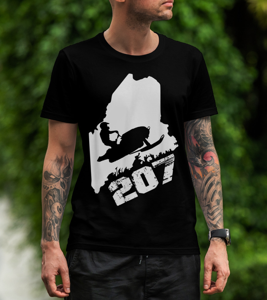Maine 207 Snowmobile Silhouette In State Outline T-Shirt