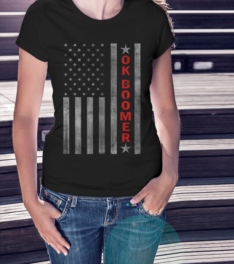 Ok Boomer Vertical Red Text On Distressed American Flag T-Shirt