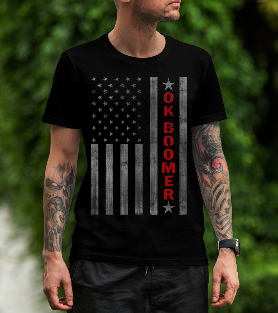 Ok Boomer Vertical Red Text On Distressed American Flag T-Shirt