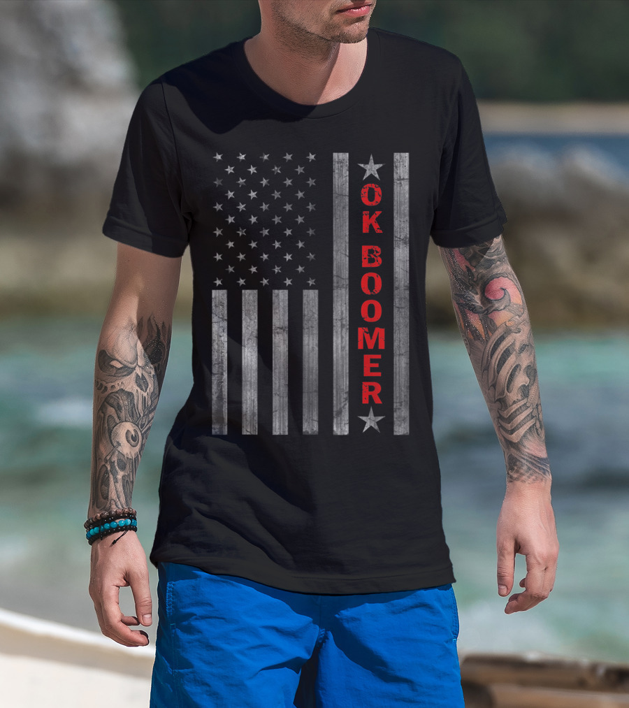 Ok Boomer Vertical Red Text On Distressed American Flag T-Shirt
