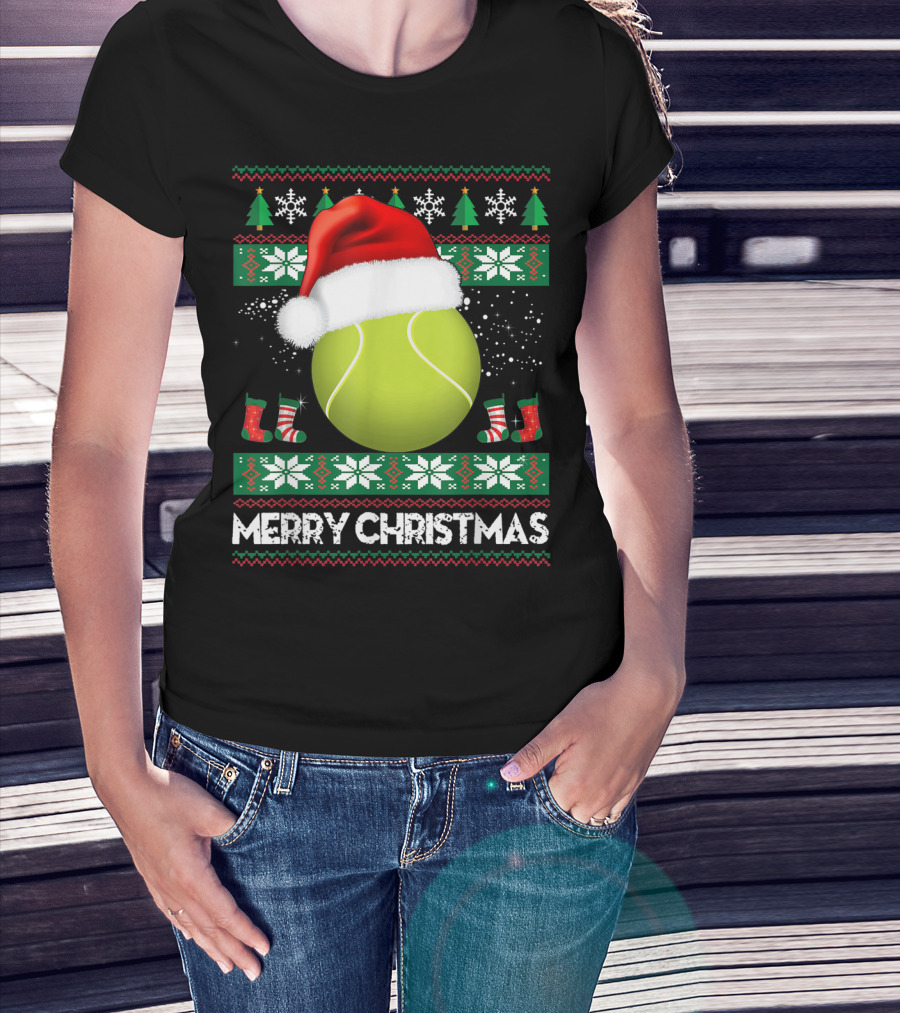 Merry Christmas Santa Hat Tennis Baum Pullover Snowflakes T-Shirt
