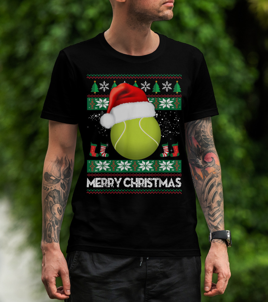 Merry Christmas Santa Hat Tennis Baum Pullover Snowflakes T-Shirt