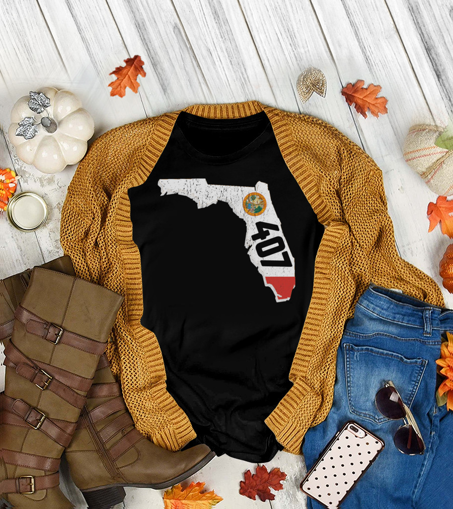 Florida Map Outline with State Seal and 407 Area Code T-Shirt