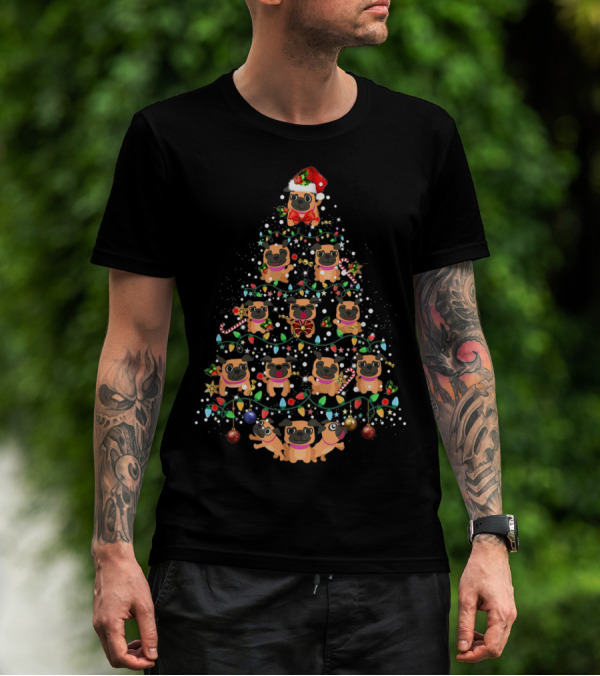 Pug Dog Christmas Tree With Santa Hat And Holiday Decorations T-Shirt