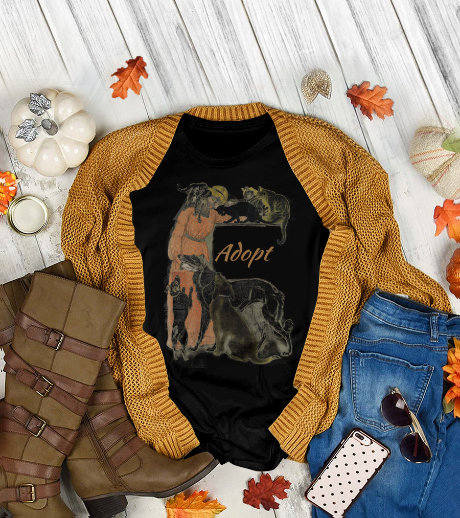 Rescue Adopt Love Dog and Cat Lover with Vintage Style Woman Surrounded by Pets T-Shirt