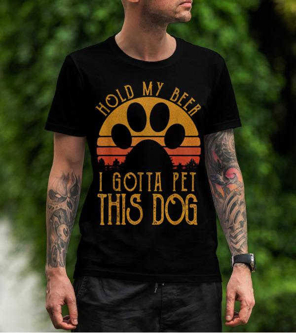 Hold My Beer I Gotta Pet This Dog Retro Vintage Paw Print Sunset T-Shirt