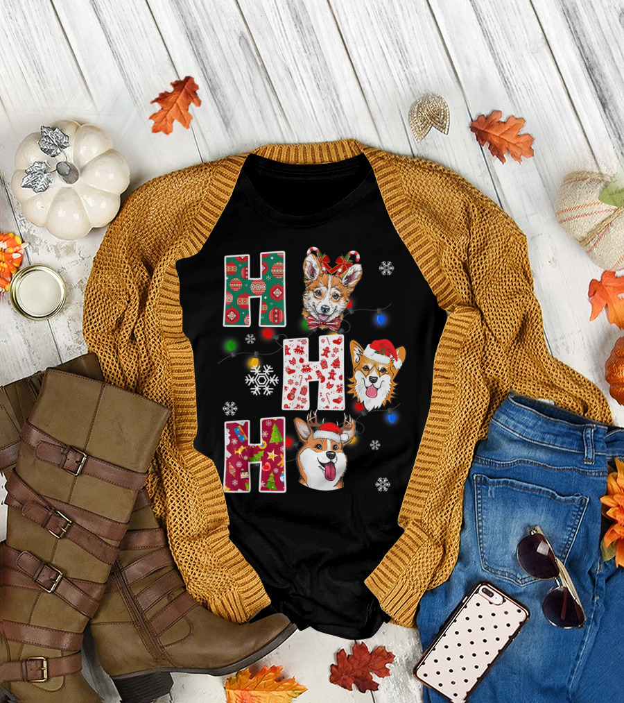 Ho Ho Ho Santa Corgi Christmas Lights Snowflakes T-Shirt