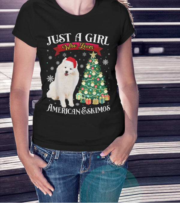 Just A Girl Who Loves American Eskimos Santa Hat Christmas Tree T-Shirt
