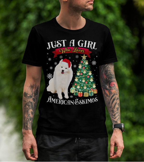 Just A Girl Who Loves American Eskimos Santa Hat Christmas Tree T-Shirt