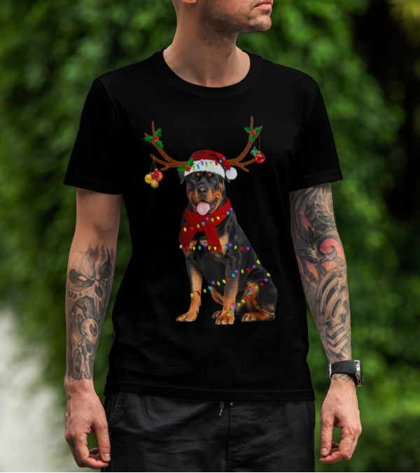 Santa Rottweiler Christmas Reindeer Lights T-Shirt