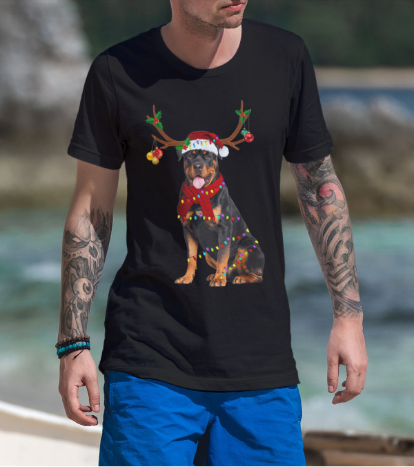 Santa Rottweiler Christmas Reindeer Lights T-Shirt