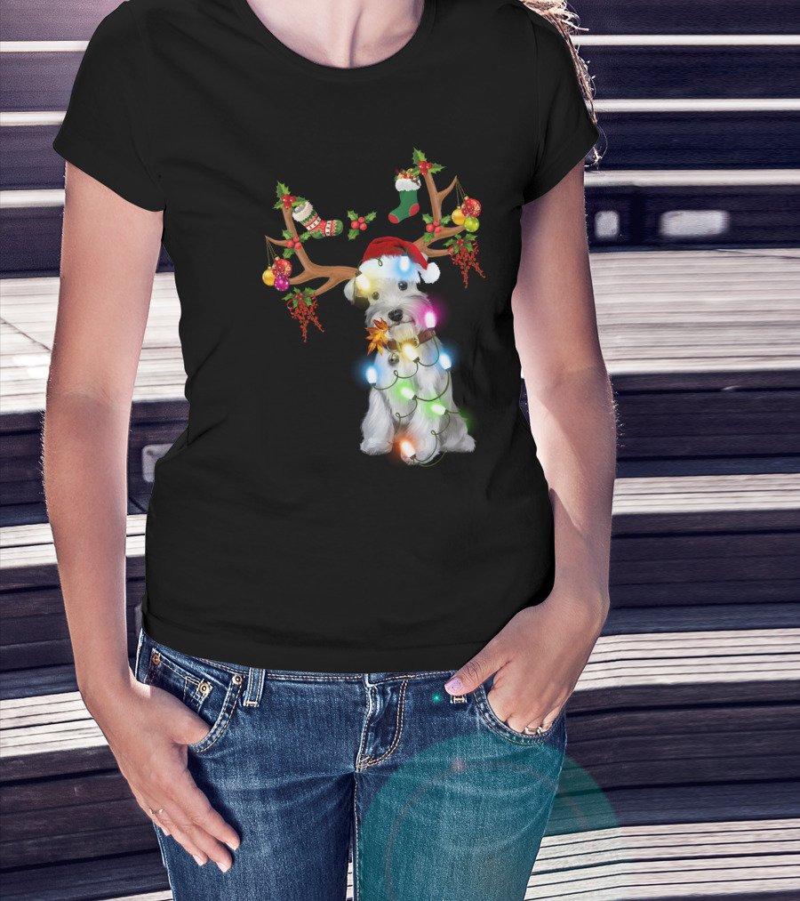 Santa Schnauzer Christmas Lights Reindeer Antlers Holiday Lover T-Shirt