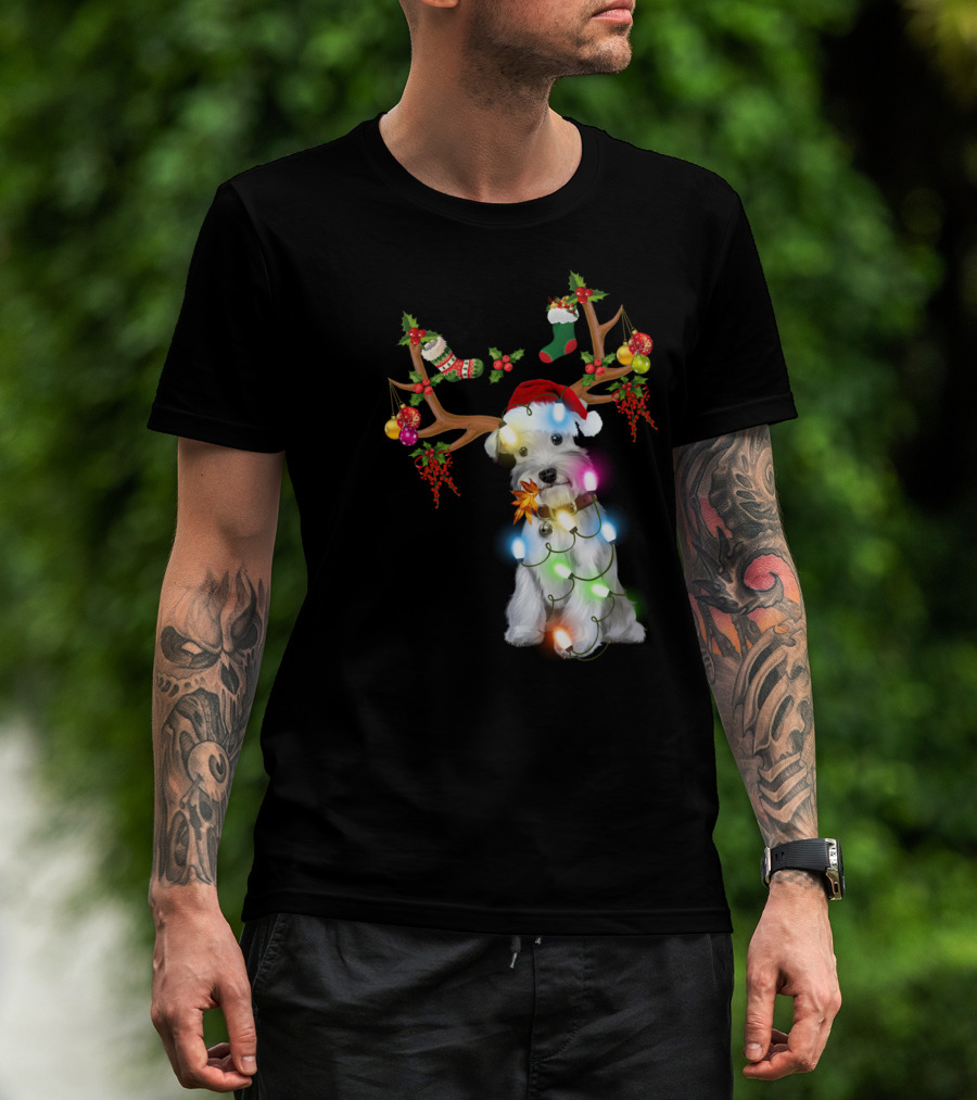 Santa Schnauzer Christmas Lights Reindeer Antlers Holiday Lover T-Shirt