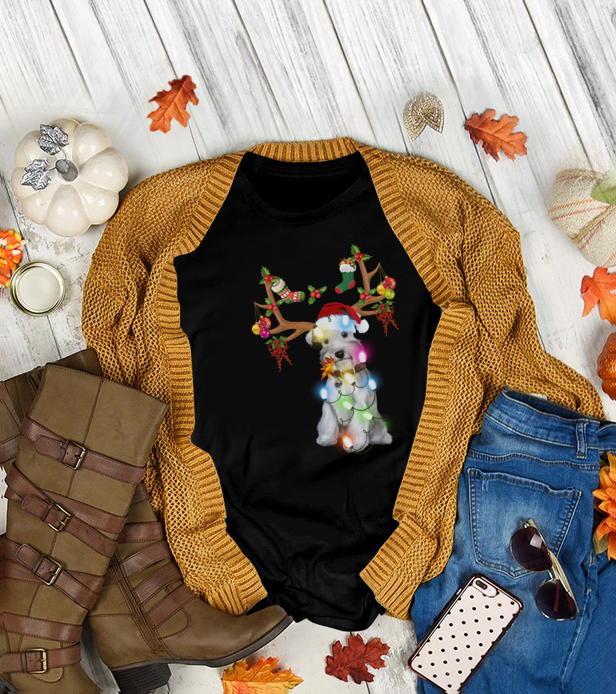 Santa Schnauzer Christmas Lights Reindeer Antlers Holiday Lover T-Shirt