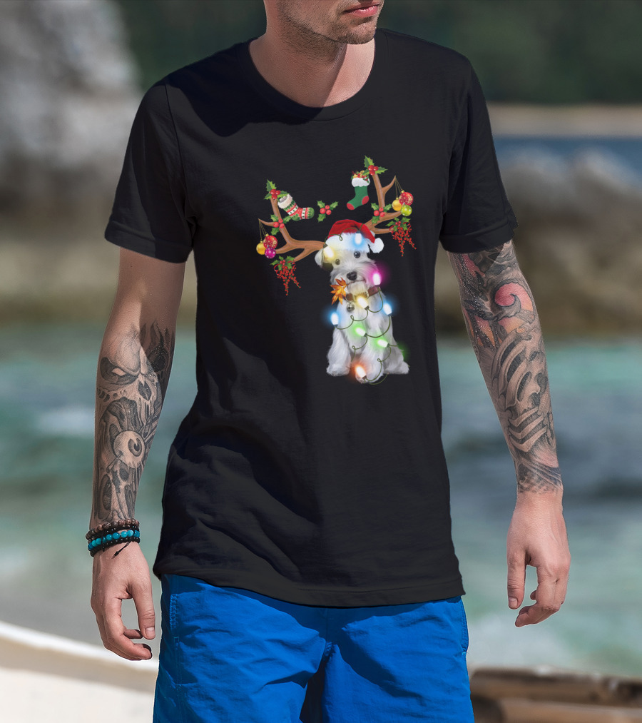Santa Schnauzer Christmas Lights Reindeer Antlers Holiday Lover T-Shirt