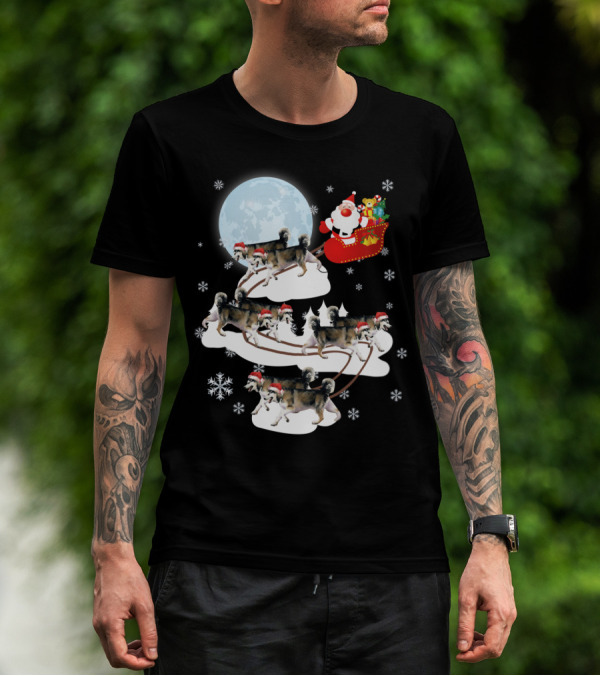 Santa Sleigh Alaskan Malamute Christmas Dog Moon Snowflakes T-Shirt