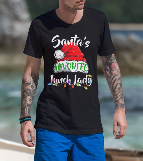 Santa's Favorite Lunch Lady Santa Hat Christmas Lights T-Shirt