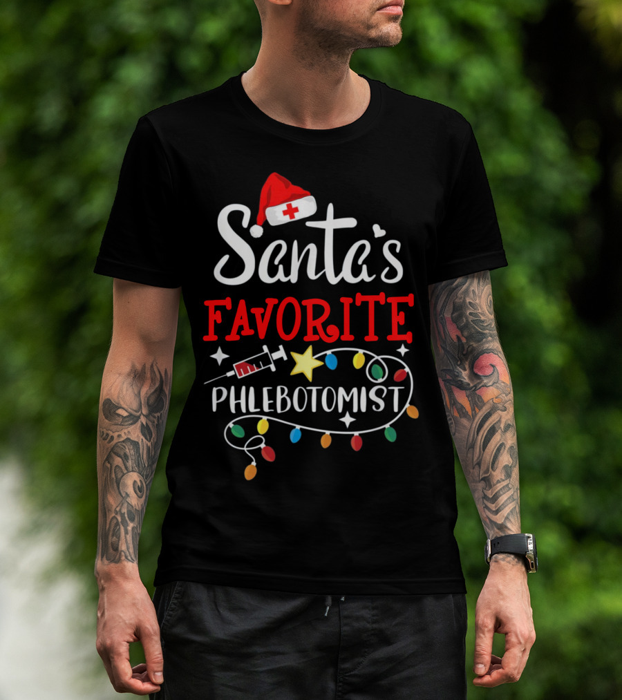 Santa's Favorite Phlebotomist With Santa Hat, Syringe, And Festive Lights T-Shirt