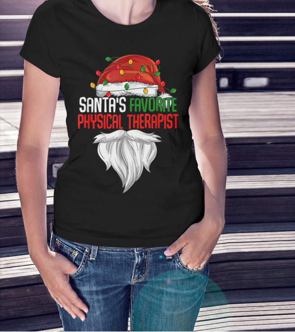 Santa's Favorite Physical Therapist Christmas Lights Hat And Beard T-Shirt