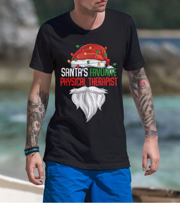 Santa's Favorite Physical Therapist Christmas Lights Hat And Beard T-Shirt