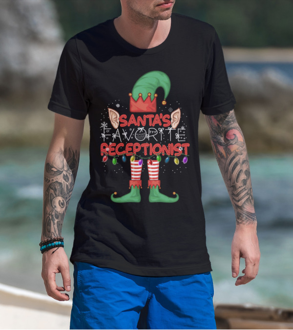 Santa's Favorite Receptionist Elf Hat Christmas Lights T-Shirt