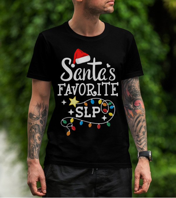 Santa's Favorite SLP Speechlanguage Christmas Lights And Santa Hat T-Shirt