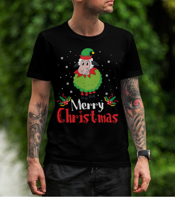 Merry Christmas Sheep In Elf Costume With Snowflakes T-Shirt