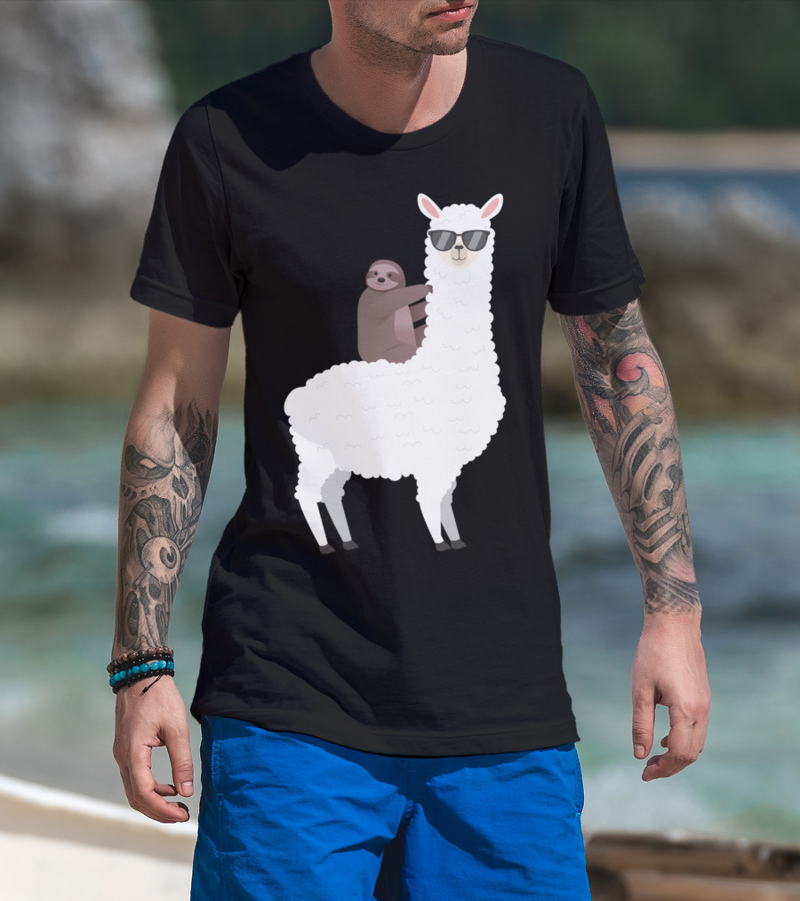 Sloth Life Riding Llama Cool Sunglasses Duo T-Shirt