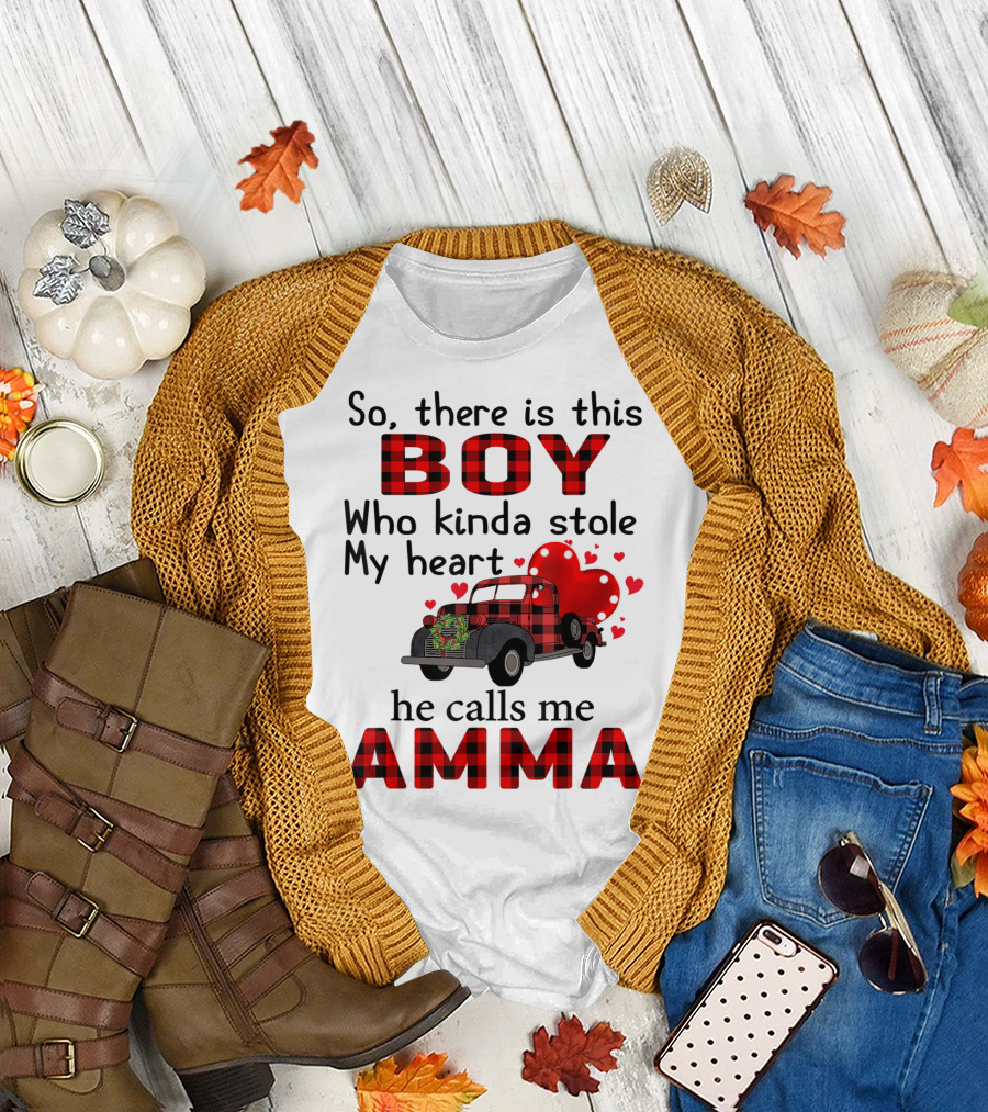 So There Is This Boy Who Kinda Stole My Heart He Calls Me Amma Red Plaid Truck Hearts T-Shirt