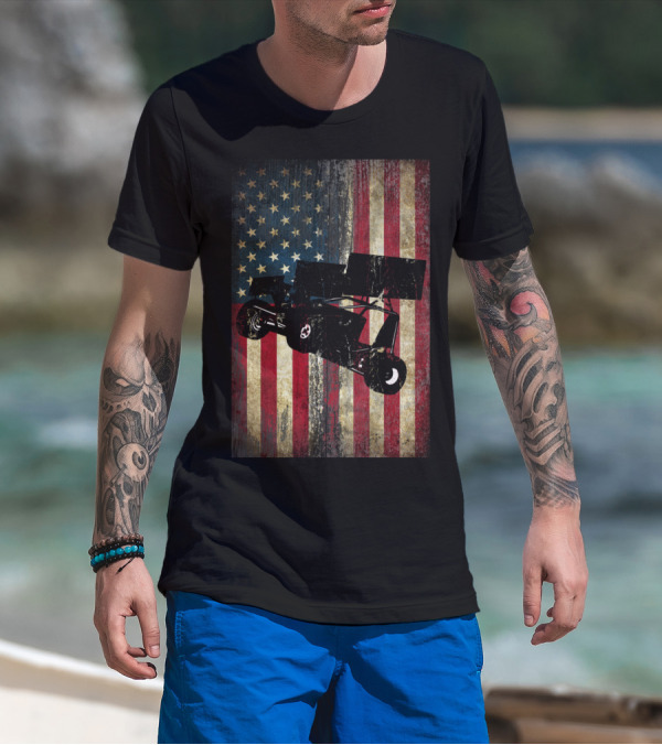 Sprint Car Dirt Track Racing American Flag Background T-Shirt