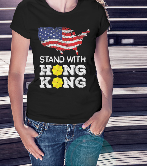Stand With Hong Kong Strong American Flag Yellow Umbrella T-Shirt