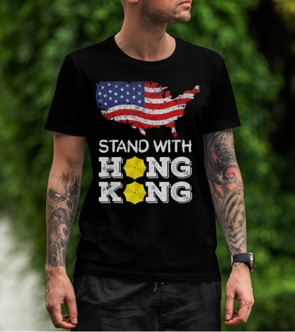 Stand With Hong Kong Strong American Flag Yellow Umbrella T-Shirt