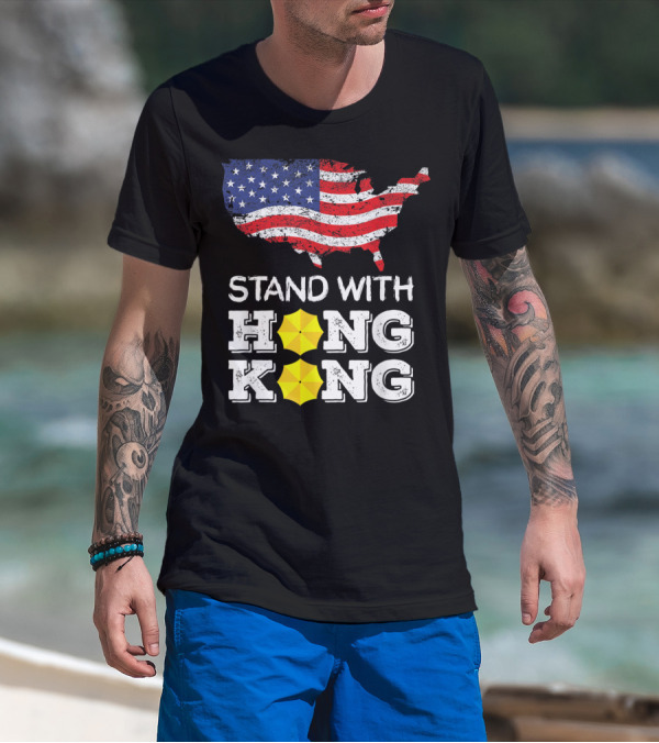 Stand With Hong Kong Strong American Flag Yellow Umbrella T-Shirt