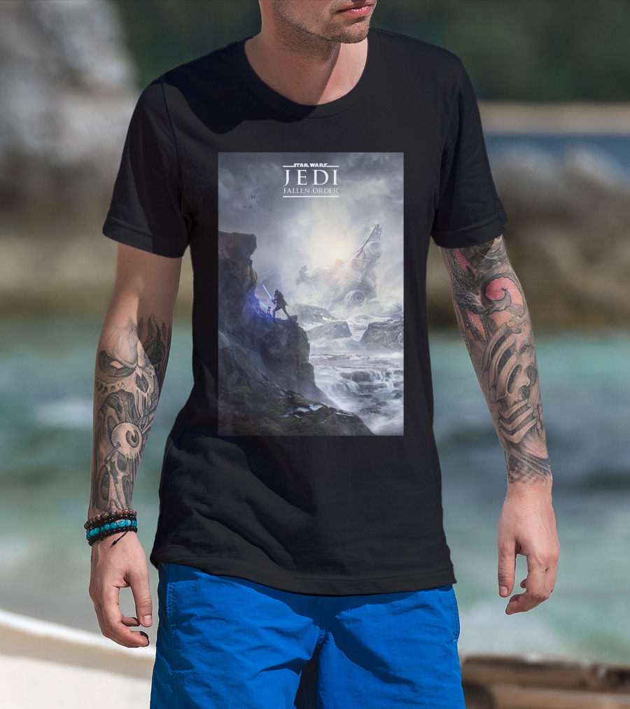 Star Wars Jedi Fallen Order Scenic Battle With Stormtrooper And Ruins T-Shirt