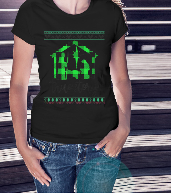 True Story Christmas Jesus In The Cradle Nativity Scene Plaid T-Shirt