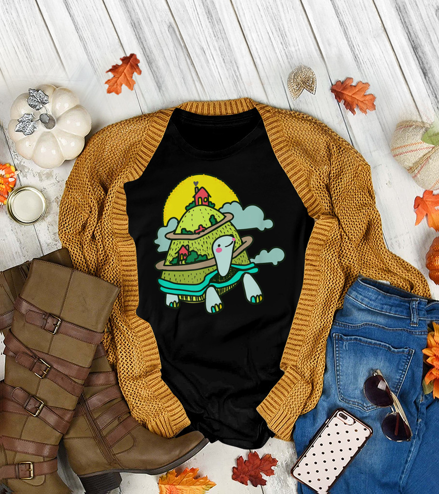 Turtle Life on a Mountain Path with Houses and Sun T-Shirt