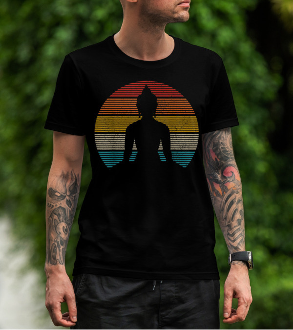 Vintage Buddha Meditation Silhouette Zen Yoga Spiritual Stripes T-Shirt