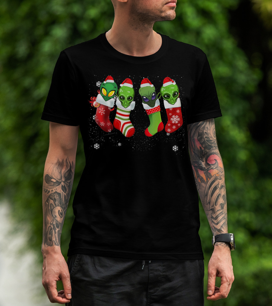Aliens Wearing Santa Hats In Christmas Stockings With Snowflakes T-Shirt