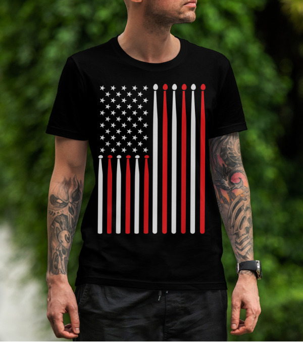 American Flag Drumsticks USA Drummer Musicians Patriotic T-Shirt