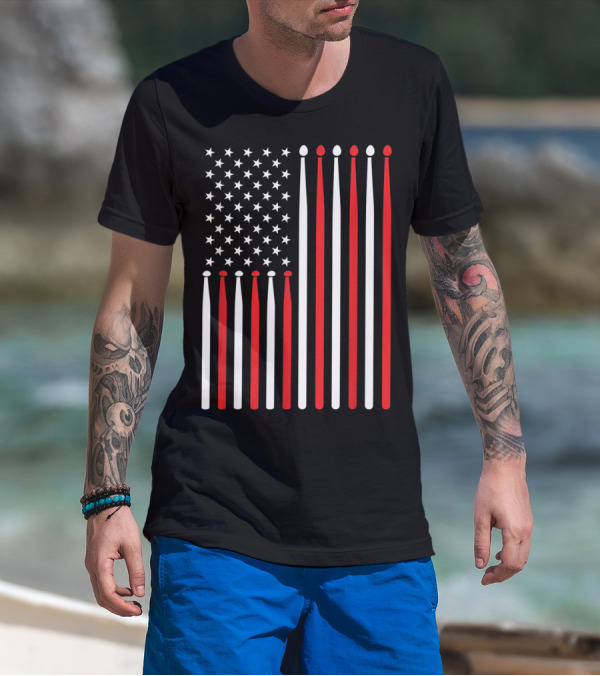 American Flag Drumsticks USA Drummer Musicians Patriotic T-Shirt